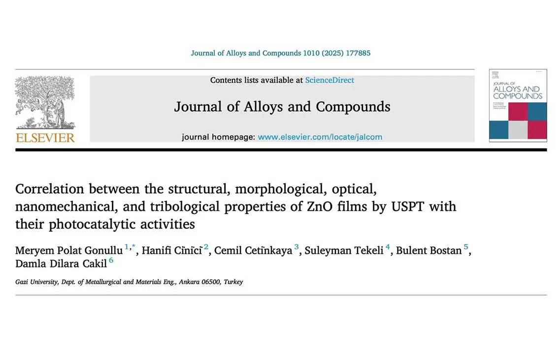 Gonullu, M. P., Cinici, H., Cetinkaya, C., Tekeli, S., Bostan, B., & Cakil, D. D. (2025, 1 5). Correlation between the structural, morphological, optical, nanomechanical, and tribological properties of ZnO films by USPT with their photocatalytic activities. Journal of Alloys and Compounds(1010), s. 1-11.